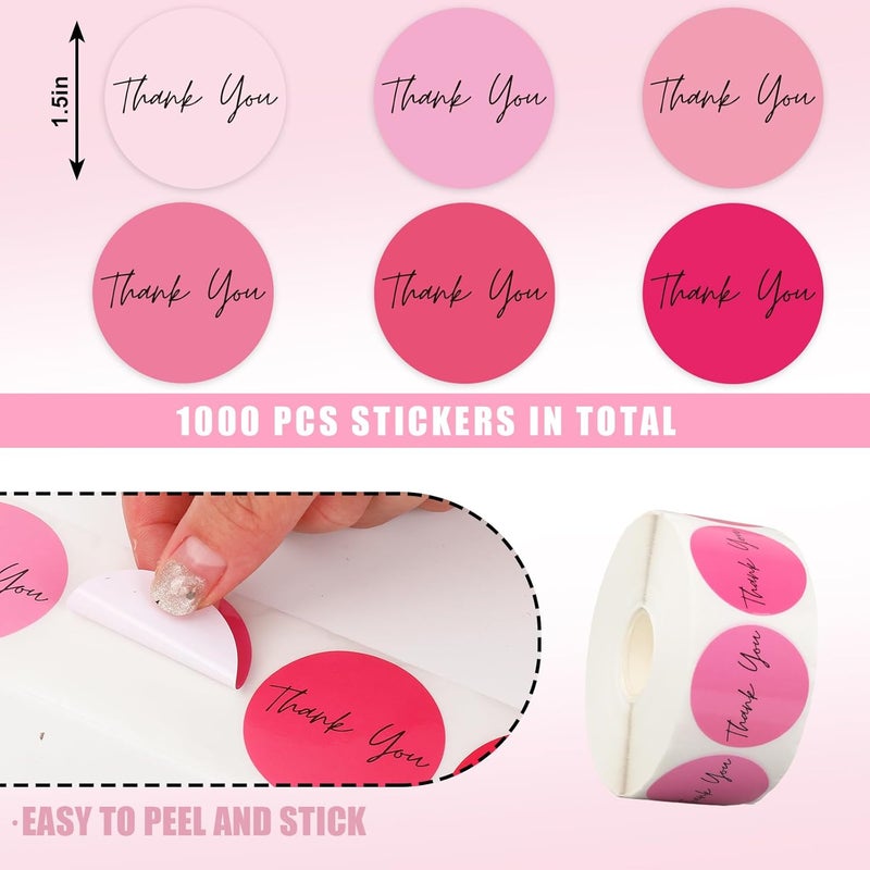 Whaline 1000Pcs Pink Thank You Sticker Valentine Gradient Pink Colors Paper Decal Boho Decorative Self-Adhesive Label Stickers for Valentines Party Small Business Envelope Gift Wrapping, 1.5 in - Image 2